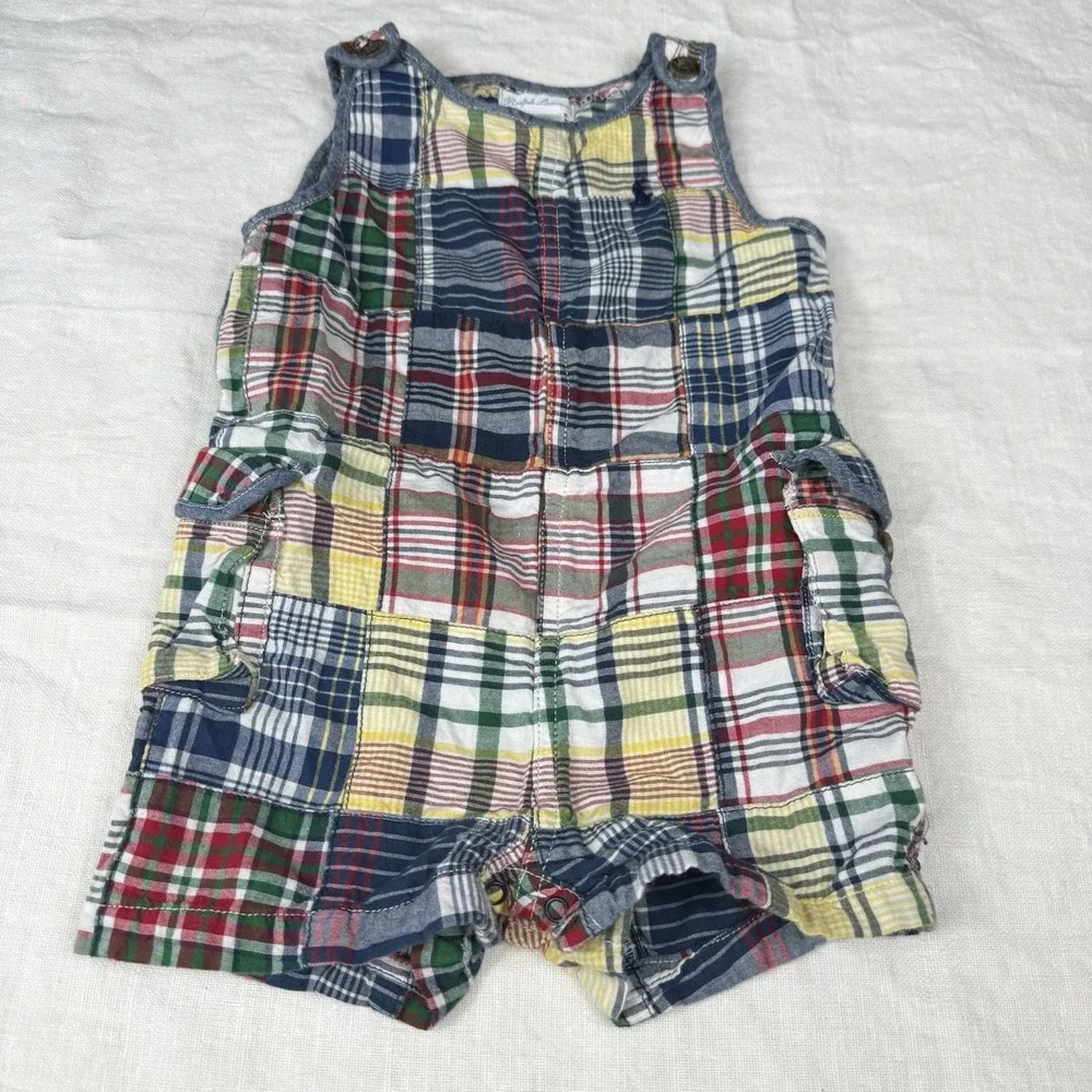 Ralph Lauren Shortalls Baby Boy 9M Plaid Patchwork Madras Western Romper FLAW